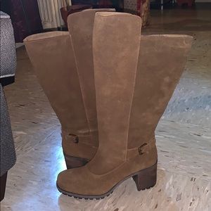 Wide Calf Tall Tan Suede Chunky Heeled Moto Boot
